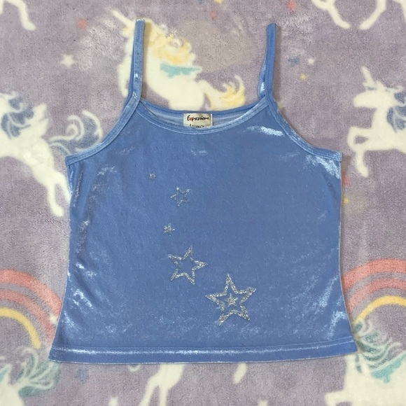 Vintage Tops - Baby Blue Y2K Tank Top with Silver Stars